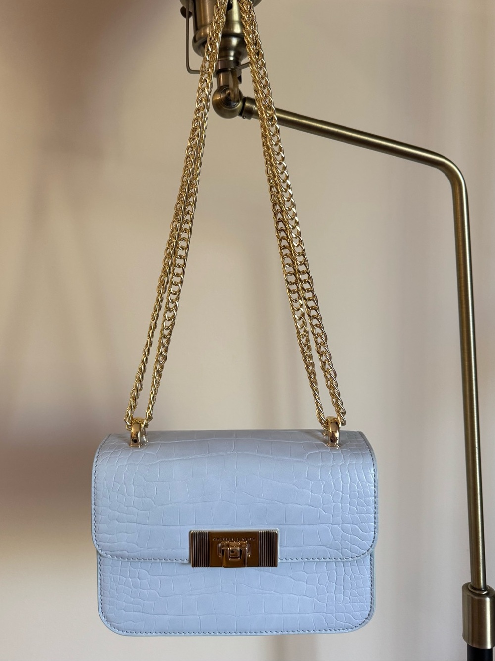Charles & Keith Light Blue Croc-Embossed Chain Shoulder Bag